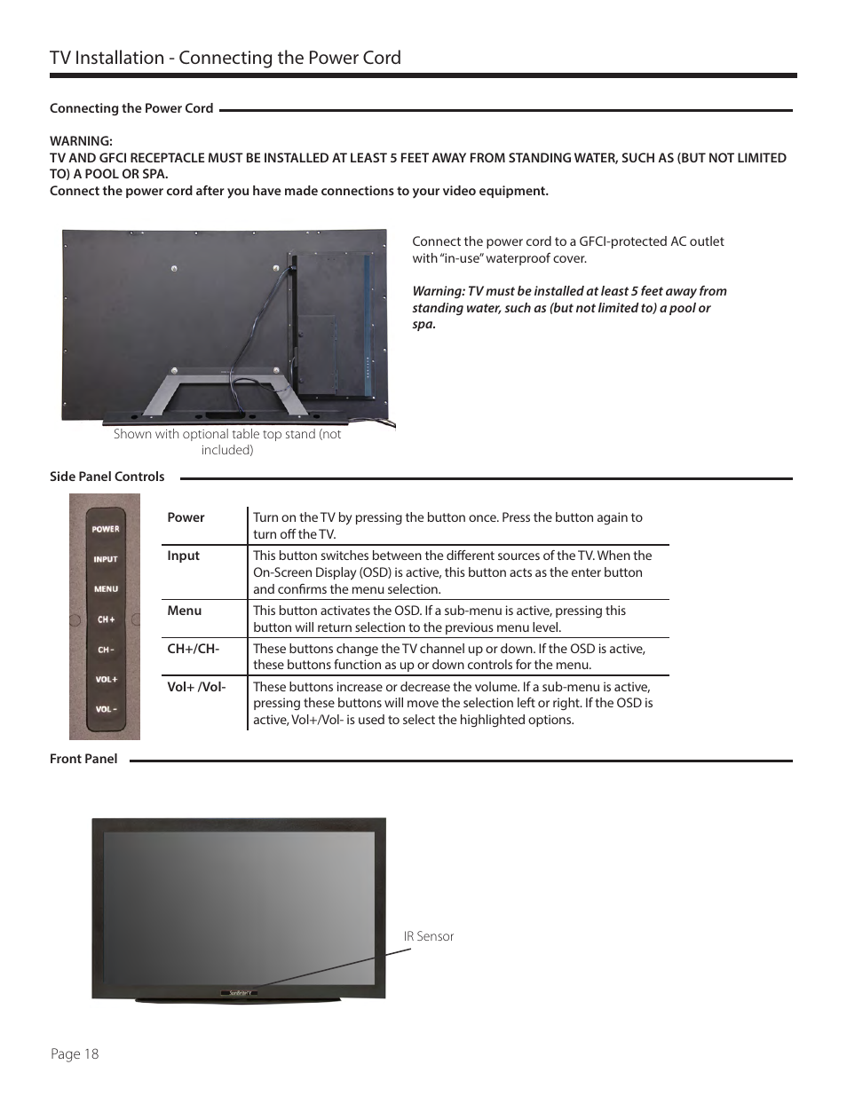 Tv installation - connecting the power cord | SunBriteTV SB-6570HD User Manual | Page 18 / 42