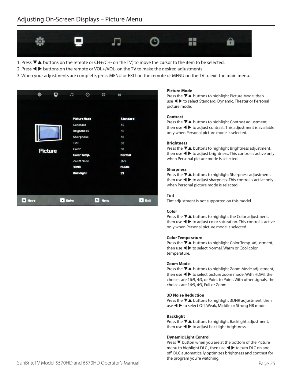 Adjusting on-screen displays – picture menu | SunBriteTV SB-6570HD User Manual | Page 25 / 42