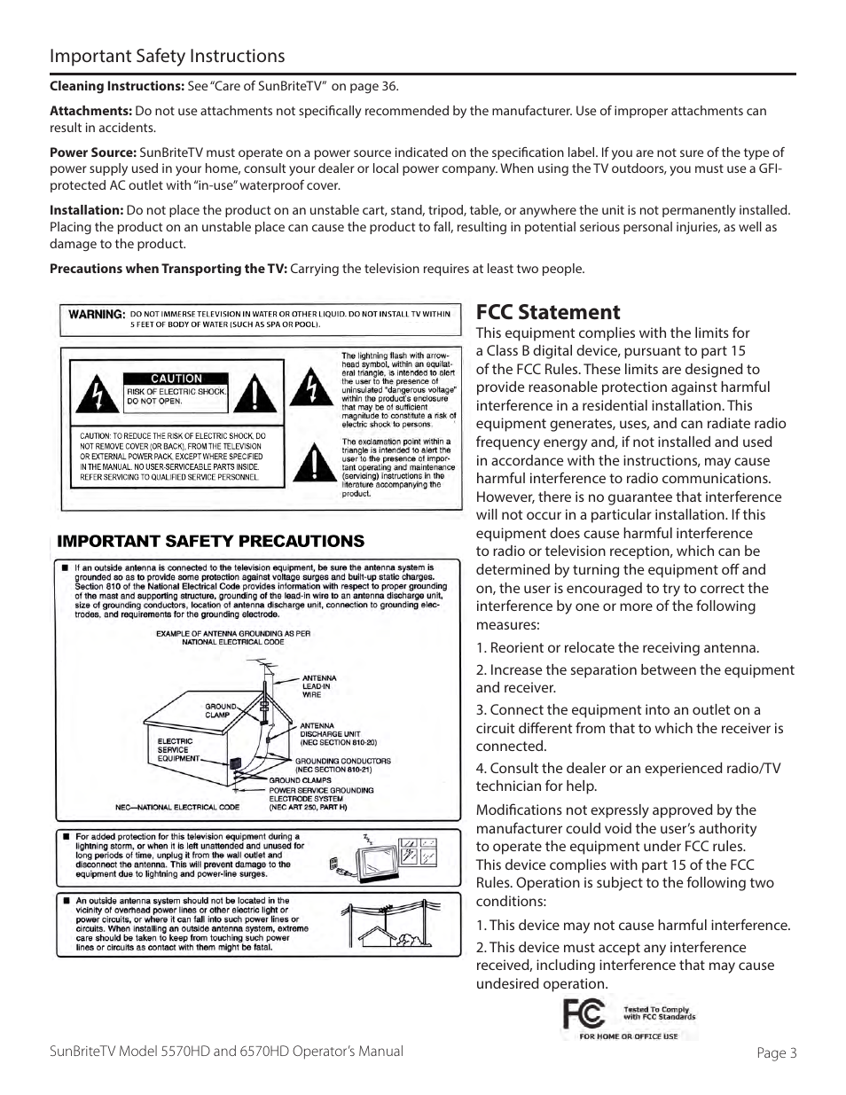 Fcc statement, Important safety instructions | SunBriteTV SB-6570HD User Manual | Page 3 / 42