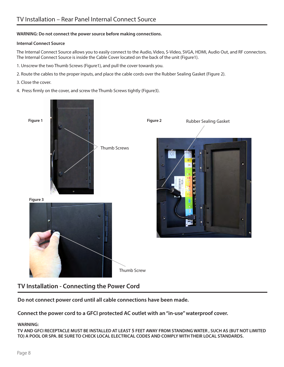 Tv installation - connecting the power cord | SunBriteTV SB-6570HD User Manual | Page 8 / 42