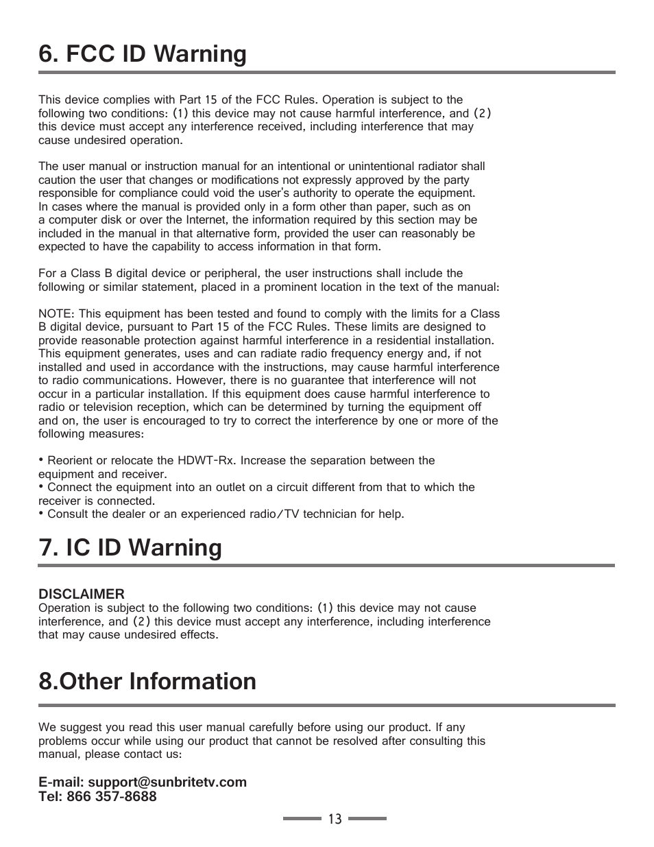 Fcc id warning, Ic id warning, Other information | SunBriteTV SB-HDWT Manual User Manual | Page 13 / 13