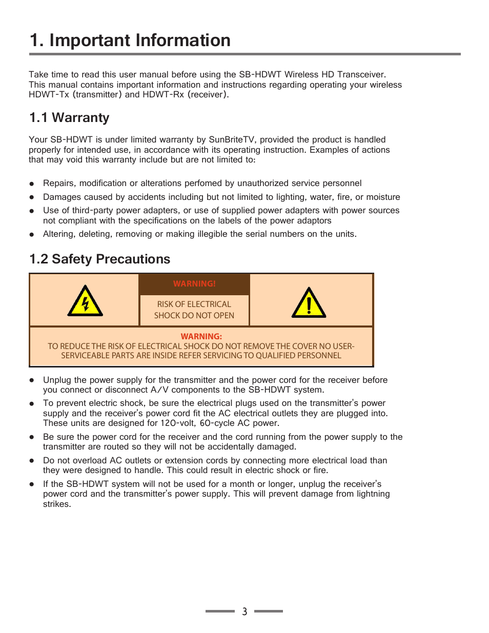 Important information, 1 warranty, 2 safety precautions | SunBriteTV SB-HDWT Manual User Manual | Page 3 / 13