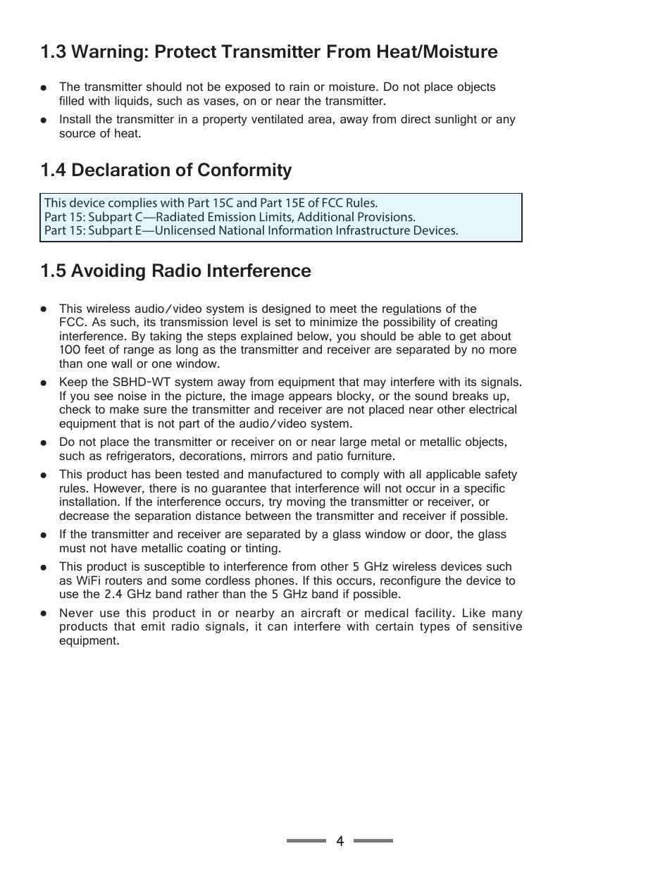 3 warning: protect transmitter from heat/moisture, 4 declaration of conformity, 5 avoiding radio interference | SunBriteTV SB-HDWT Manual User Manual | Page 4 / 13