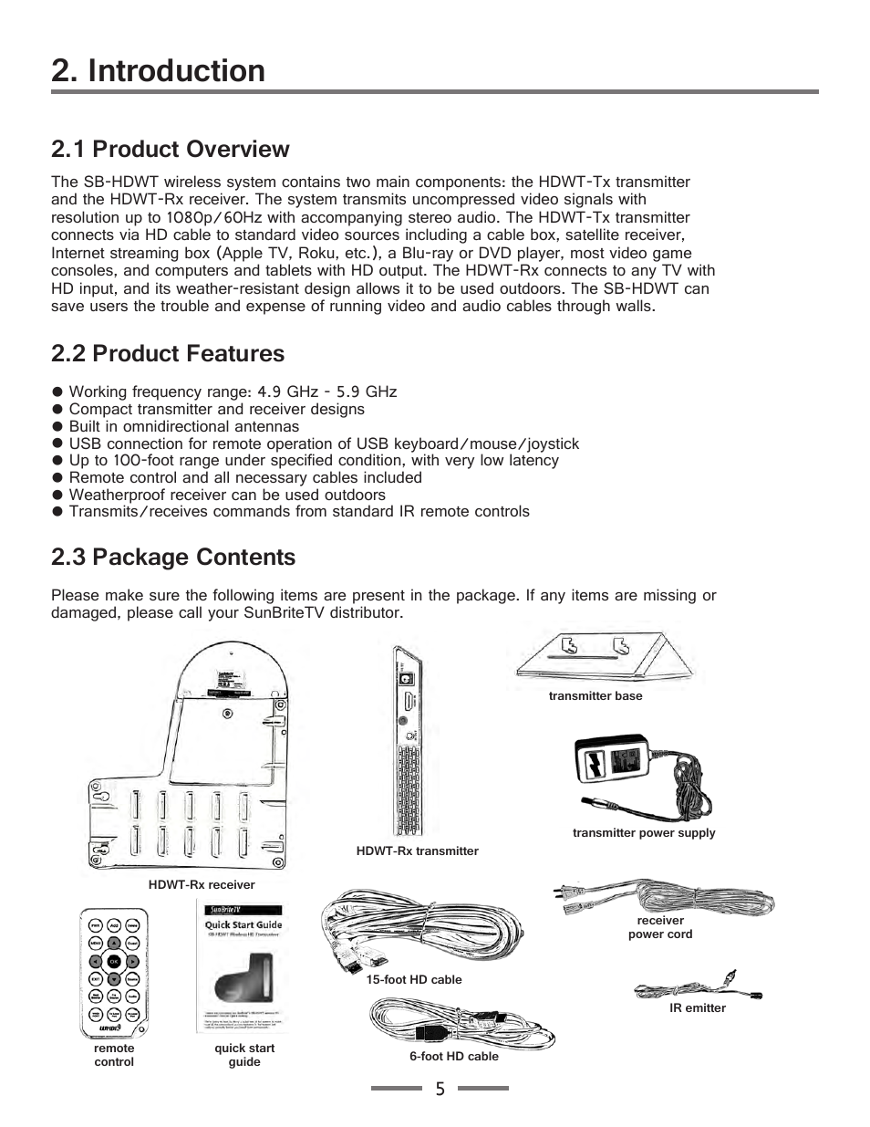 Introduction, 1 product overview, 2 product features | 3 package contents | SunBriteTV SB-HDWT Manual User Manual | Page 5 / 13