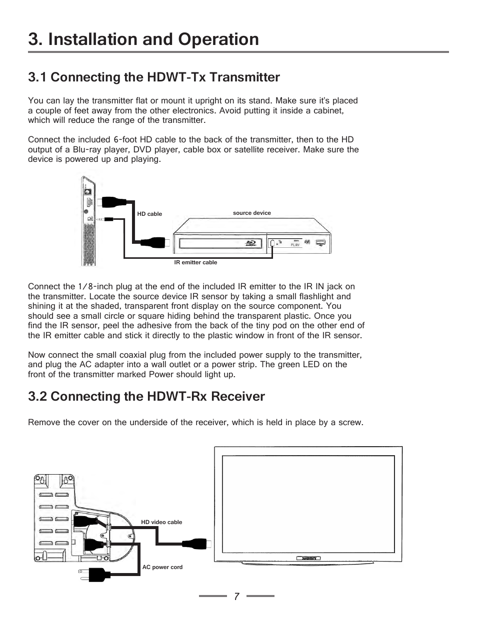 Installation and operation, 1 connecting the hdwt-tx transmitter, 2 connecting the hdwt-rx receiver | SunBriteTV SB-HDWT Manual User Manual | Page 7 / 13