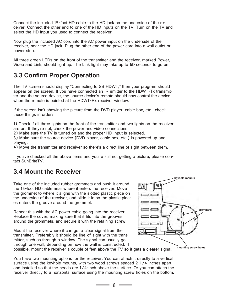 3 confirm proper operation, 4 mount the receiver | SunBriteTV SB-HDWT Manual User Manual | Page 8 / 13