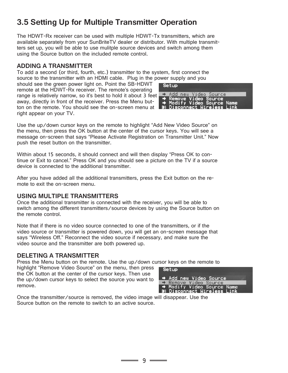 5 setting up for multiple transmitter operation | SunBriteTV SB-HDWT Manual User Manual | Page 9 / 13