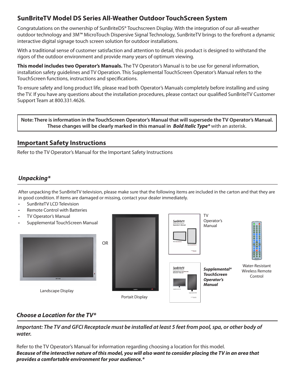 Important safety instructions, Choose a location for the tv, Unpacking | SunBriteTV DS-5517TSP User Manual | Page 2 / 4