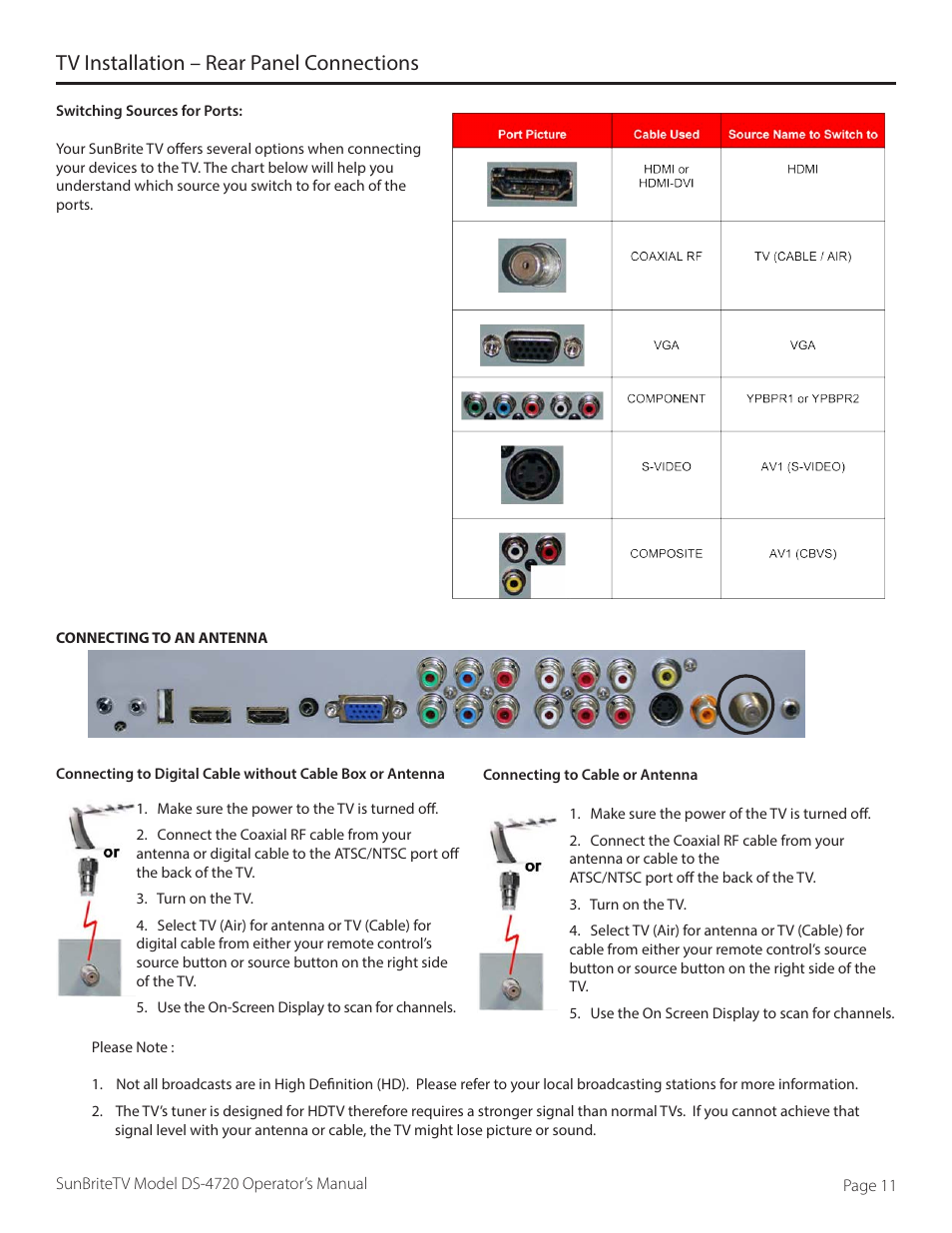 Tv installation – rear panel connections | SunBriteTV DS-4720L User Manual | Page 11 / 41