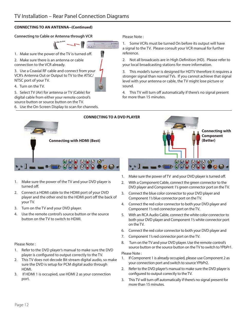 Tv installation – rear panel connection diagrams | SunBriteTV DS-4720L User Manual | Page 12 / 41