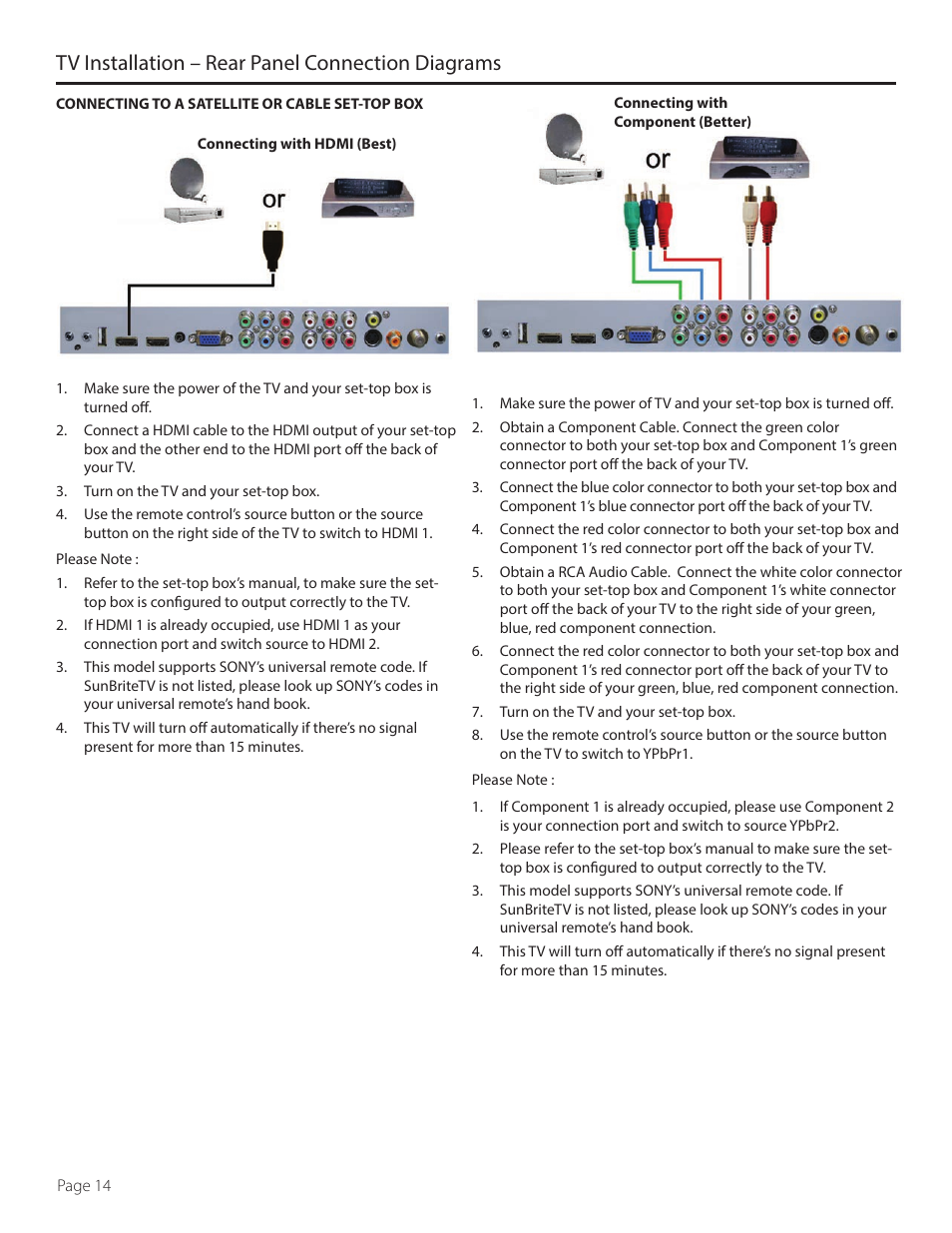 Tv installation – rear panel connection diagrams | SunBriteTV DS-4720L User Manual | Page 14 / 41