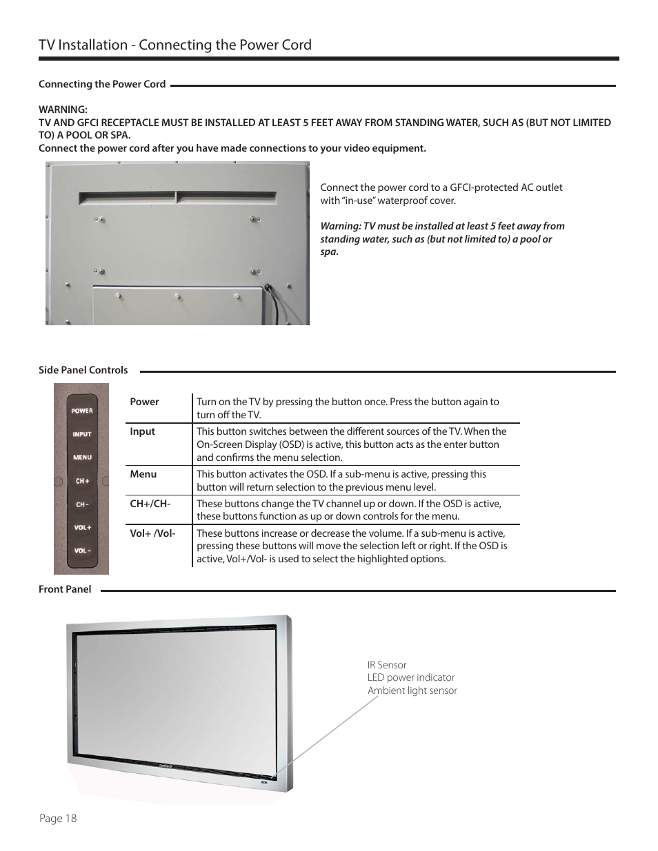 Tv installation - connecting the power cord | SunBriteTV DS-4720L User Manual | Page 18 / 41