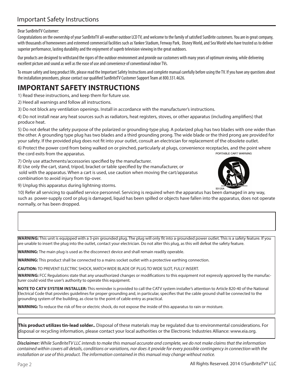 Important safety instructions | SunBriteTV DS-4720L User Manual | Page 2 / 41