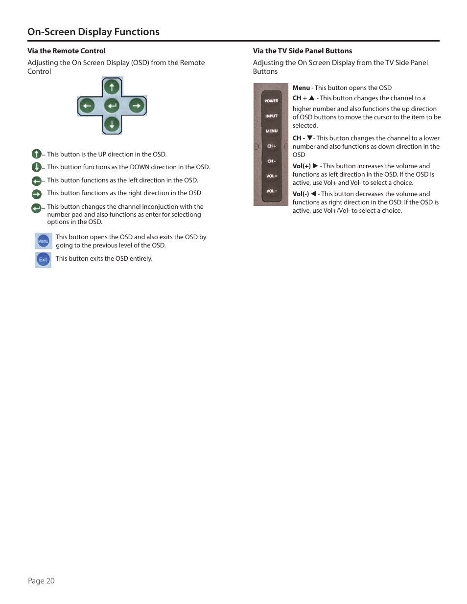 On-screen display functions | SunBriteTV DS-4720L User Manual | Page 20 / 41