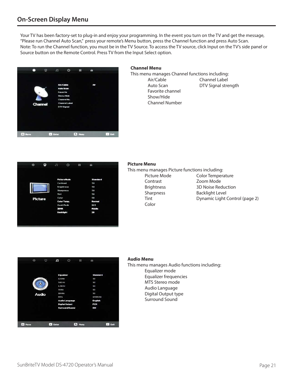 On-screen display menu | SunBriteTV DS-4720L User Manual | Page 21 / 41