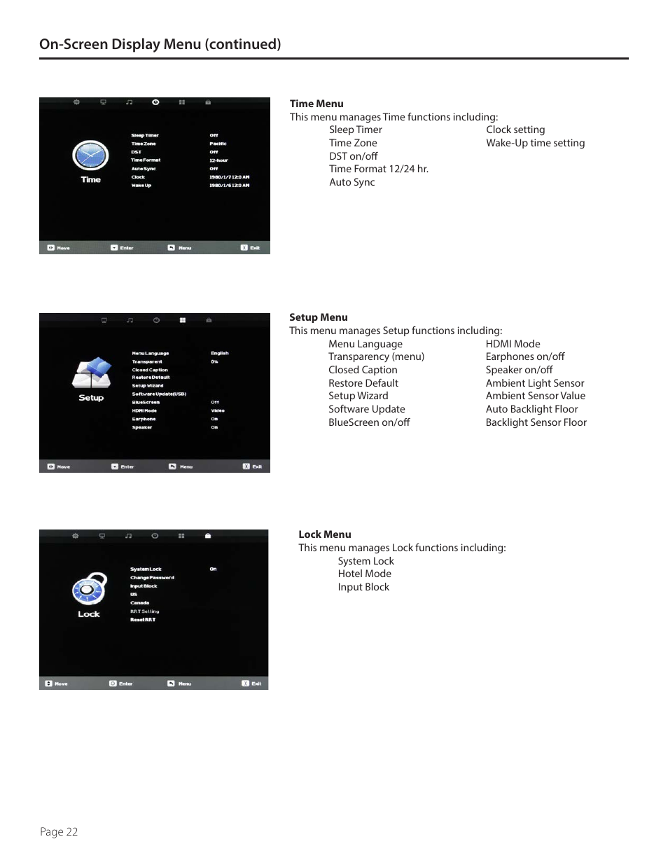 On-screen display menu (continued) | SunBriteTV DS-4720L User Manual | Page 22 / 41
