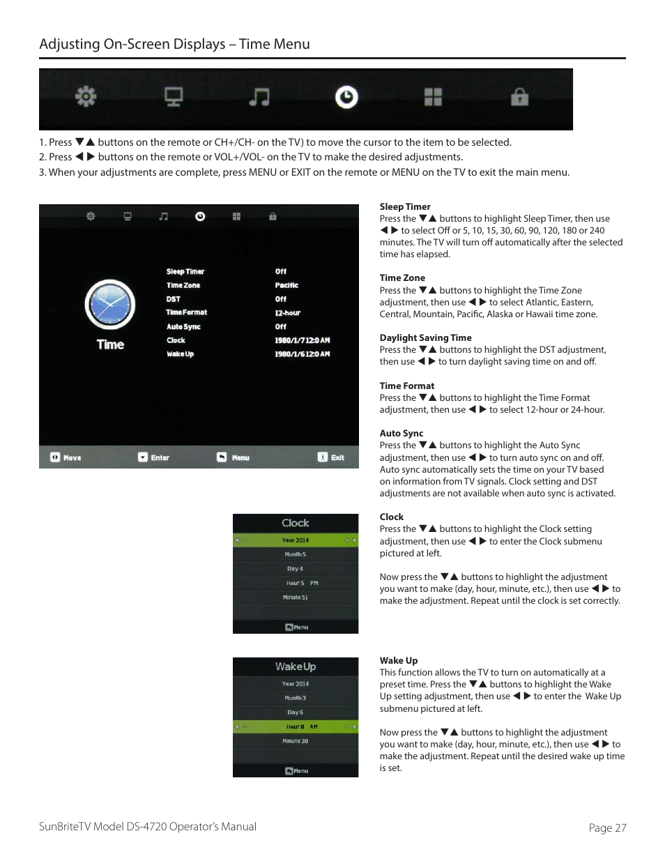 Adjusting on-screen displays – time menu | SunBriteTV DS-4720L User Manual | Page 27 / 41