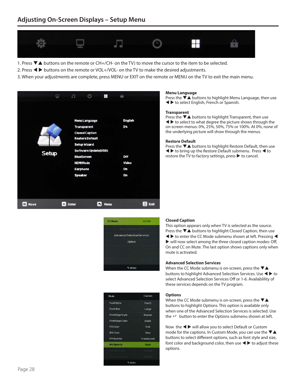 Adjusting on-screen displays – setup menu | SunBriteTV DS-4720L User Manual | Page 28 / 41