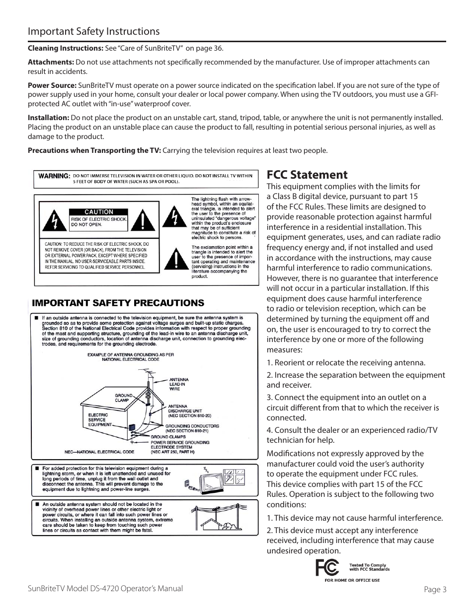 Fcc statement, Important safety instructions | SunBriteTV DS-4720L User Manual | Page 3 / 41