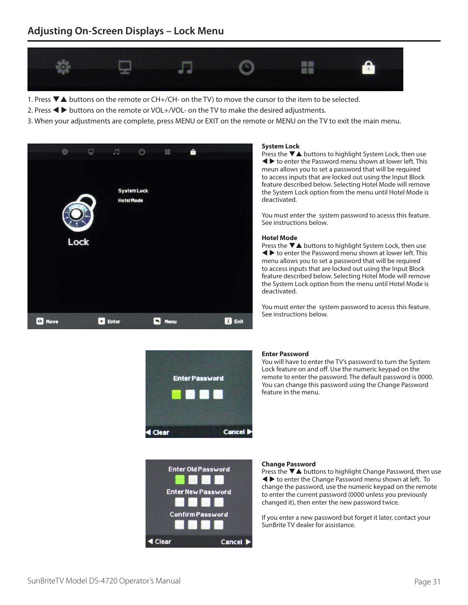 Adjusting on-screen displays – lock menu | SunBriteTV DS-4720L User Manual | Page 31 / 41