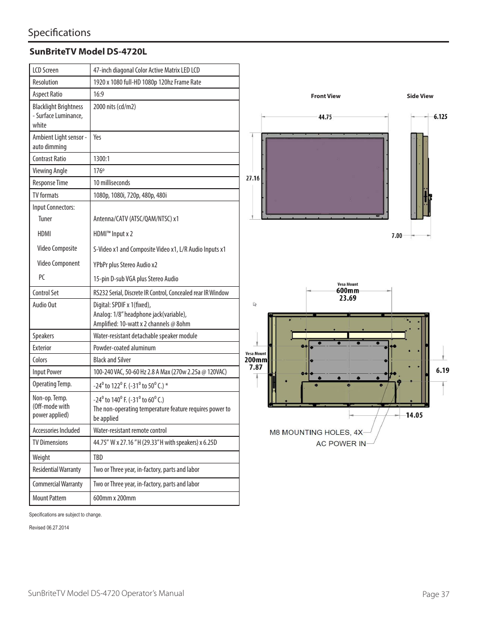 Specifications, Sunbritetv model ds-4720l | SunBriteTV DS-4720L User Manual | Page 37 / 41