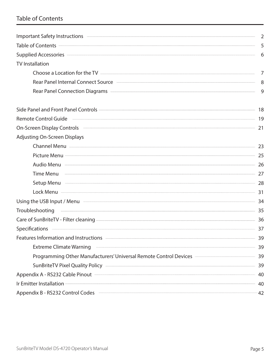 SunBriteTV DS-4720L User Manual | Page 5 / 41