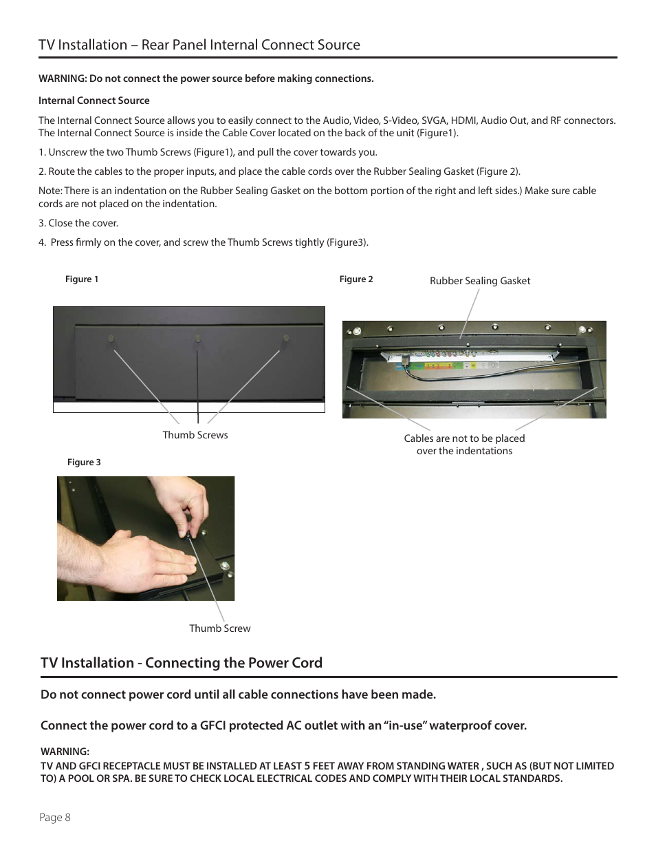 Tv installation - connecting the power cord | SunBriteTV DS-4720L User Manual | Page 8 / 41