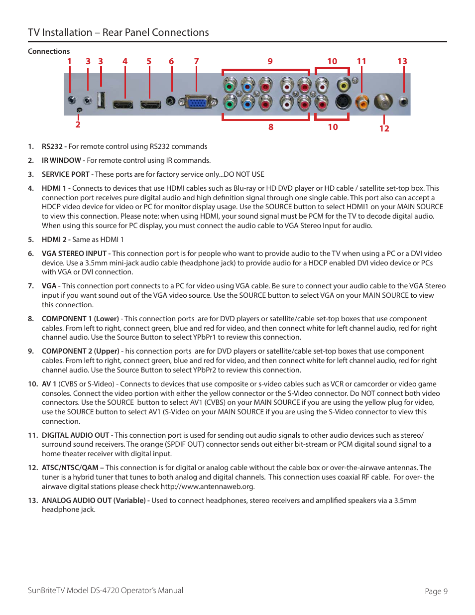 Tv installation – rear panel connections | SunBriteTV DS-4720L User Manual | Page 9 / 41