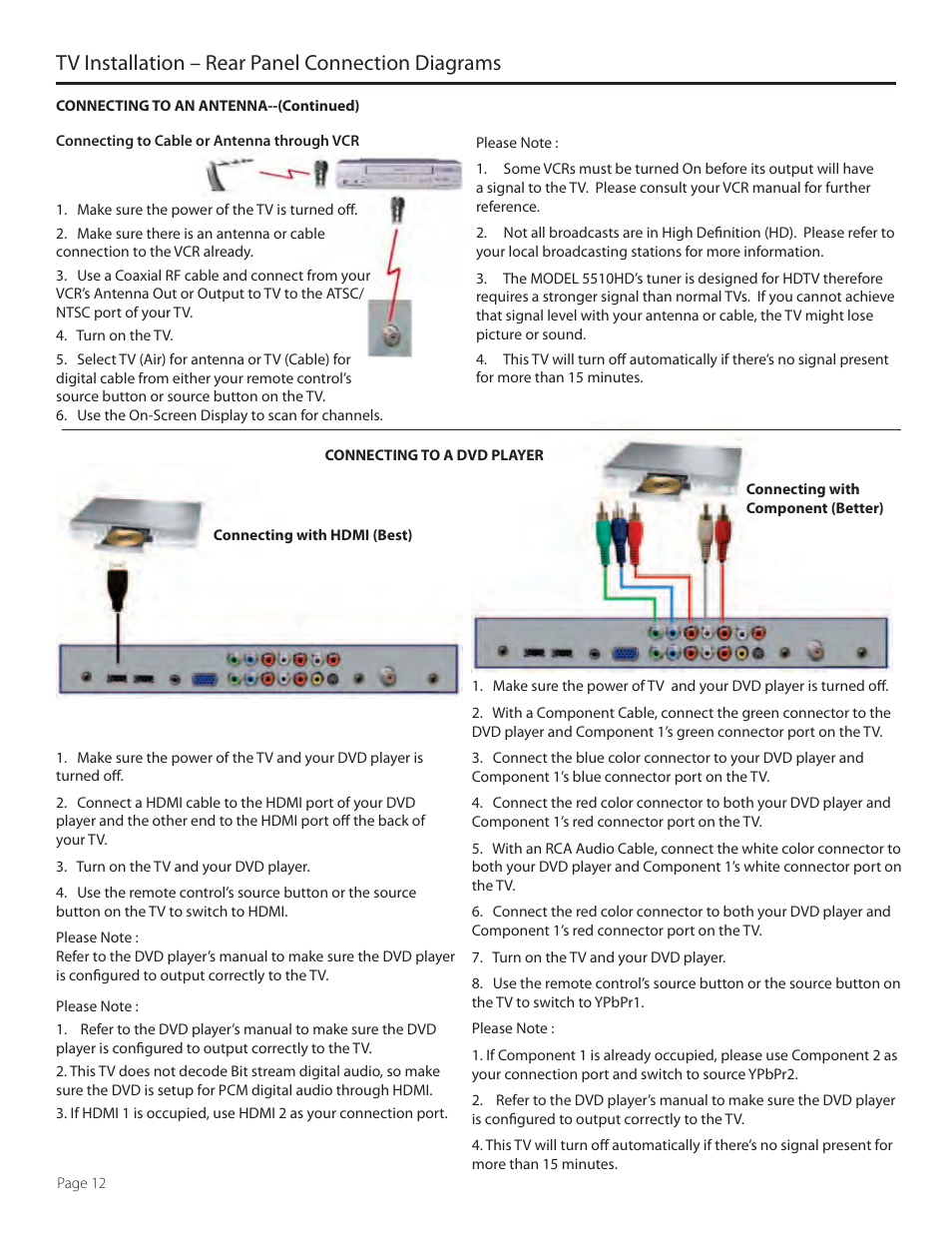 Tv installation – rear panel connection diagrams | SunBriteTV 3230HD User Manual | Page 12 / 36