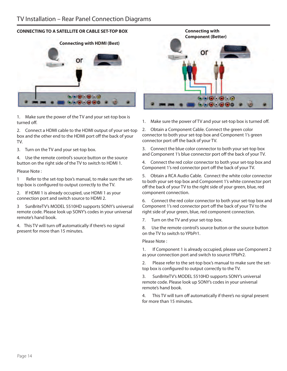 Tv installation – rear panel connection diagrams | SunBriteTV 3230HD User Manual | Page 14 / 36