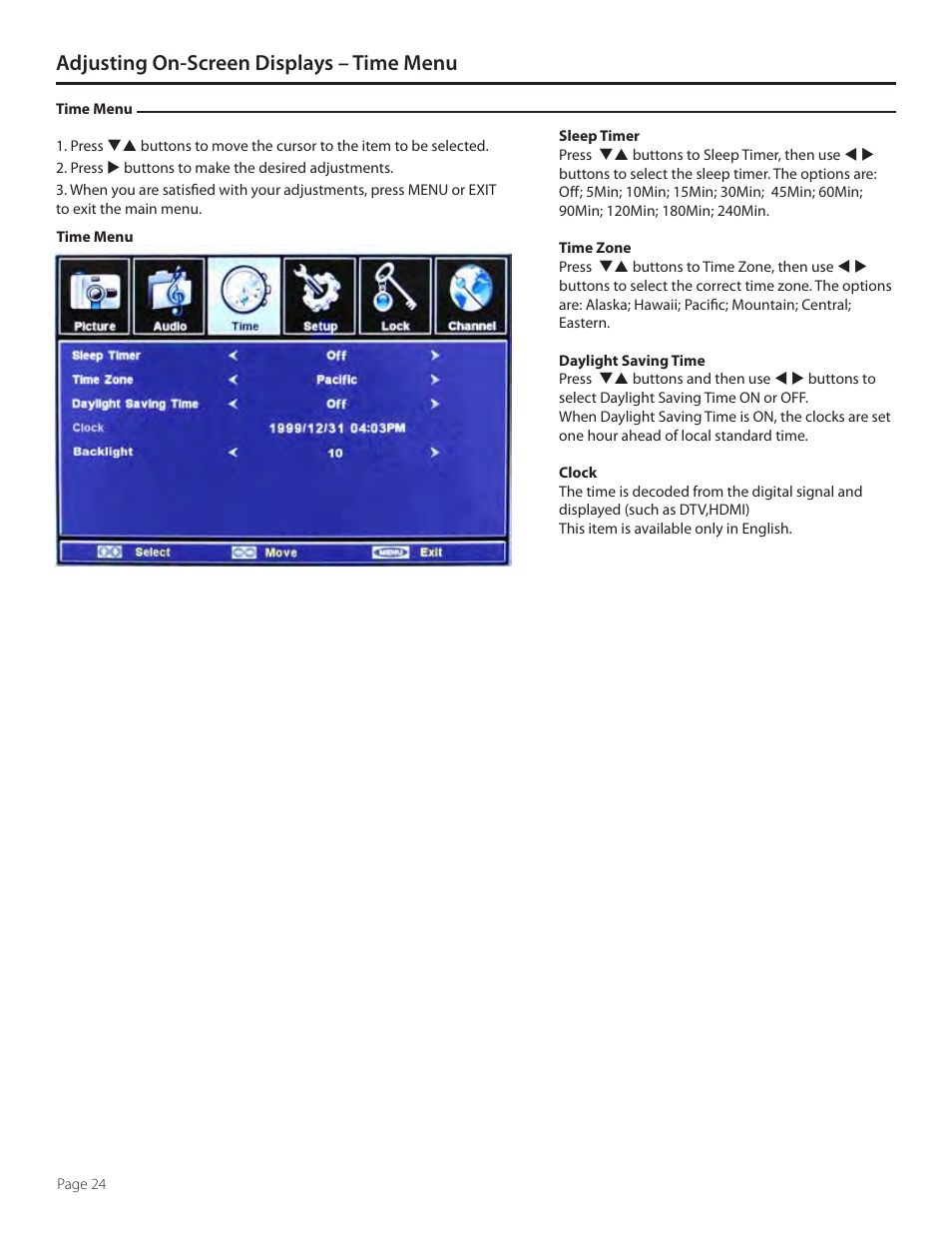 Adjusting on-screen displays – time menu | SunBriteTV 3230HD User Manual | Page 24 / 36