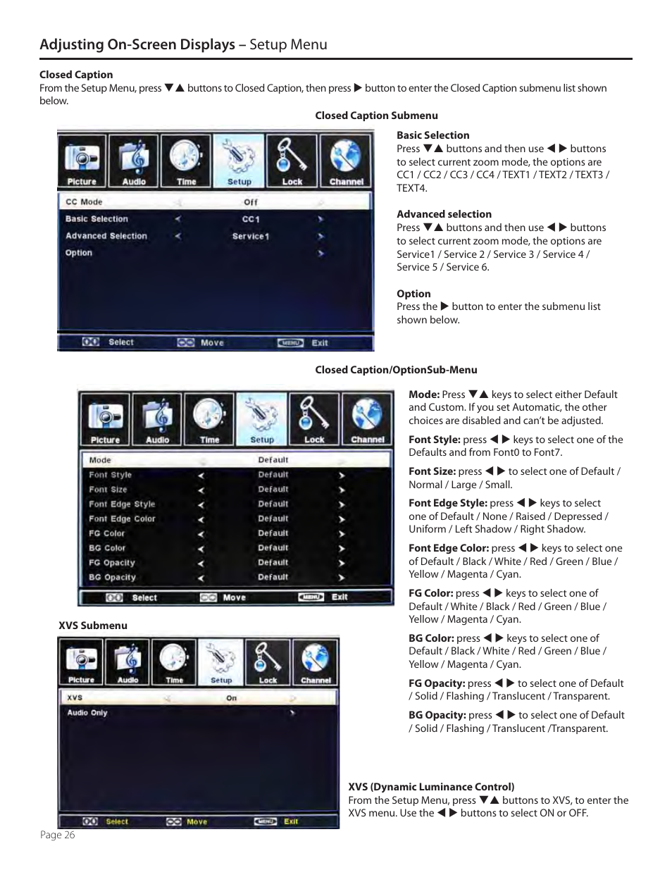 Adjusting on-screen displays – setup menu | SunBriteTV 3230HD User Manual | Page 26 / 36