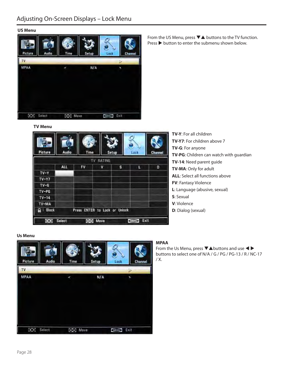 Adjusting on-screen displays – lock menu | SunBriteTV 3230HD User Manual | Page 28 / 36