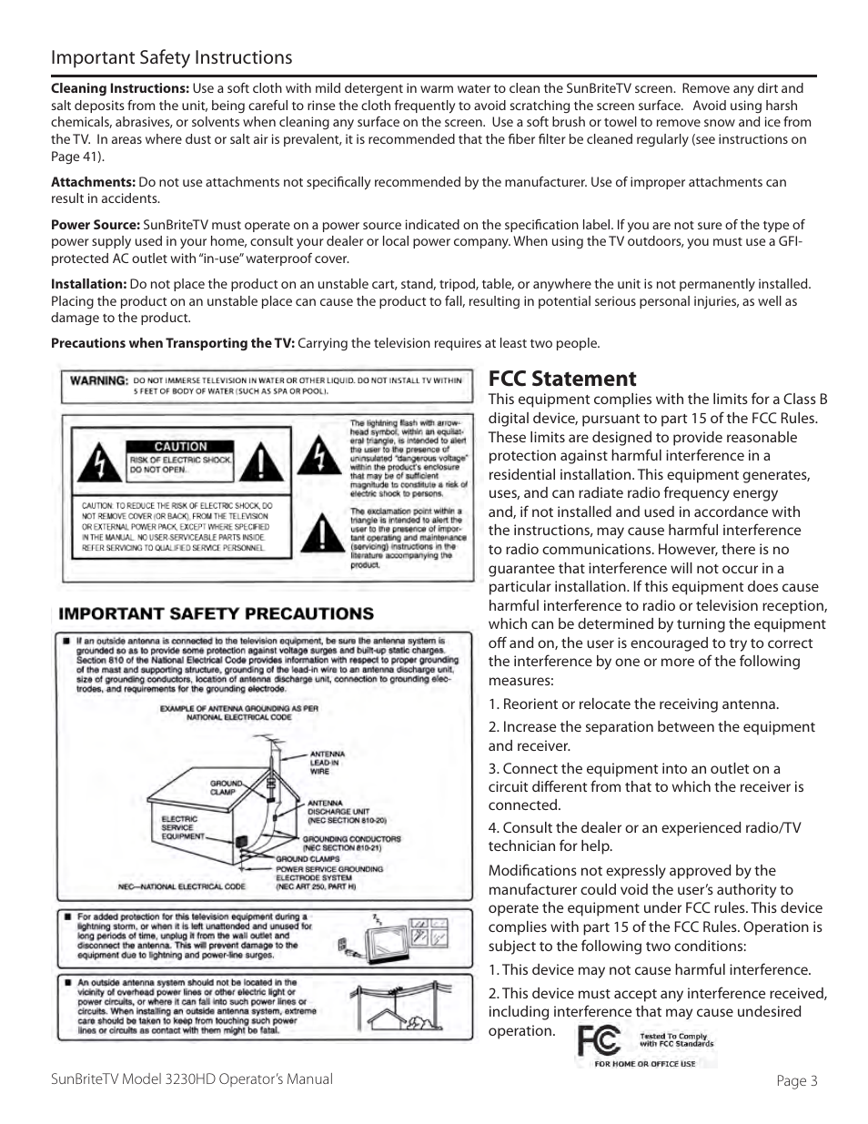 Fcc statement, Important safety instructions | SunBriteTV 3230HD User Manual | Page 3 / 36