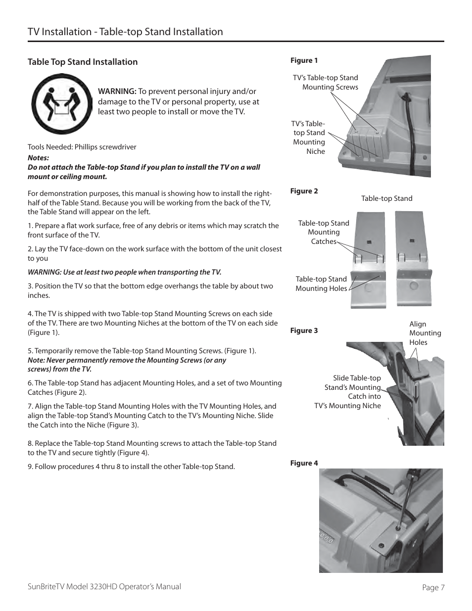 Tv installation - table-top stand installation | SunBriteTV 3230HD User Manual | Page 7 / 36