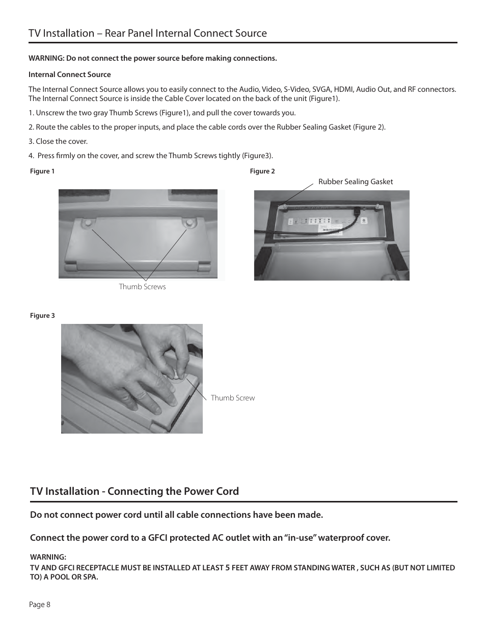 Tv installation - connecting the power cord | SunBriteTV 3230HD User Manual | Page 8 / 36