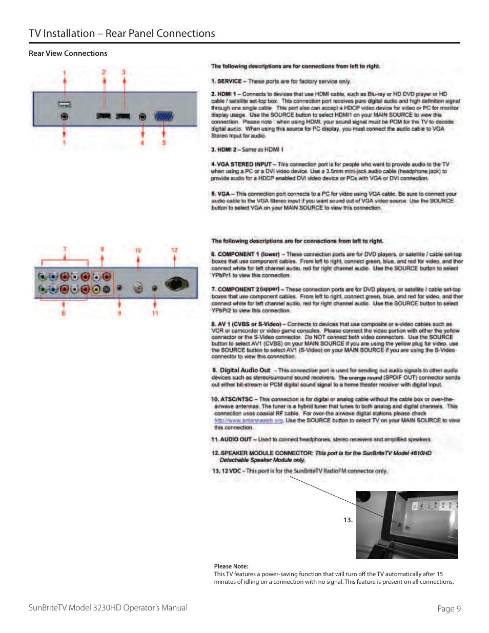 Tv installation – rear panel connections | SunBriteTV 3230HD User Manual | Page 9 / 36