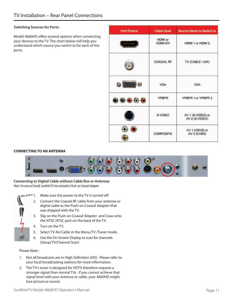 Tv installation – rear panel connections | SunBriteTV 4660HD User Manual | Page 11 / 36