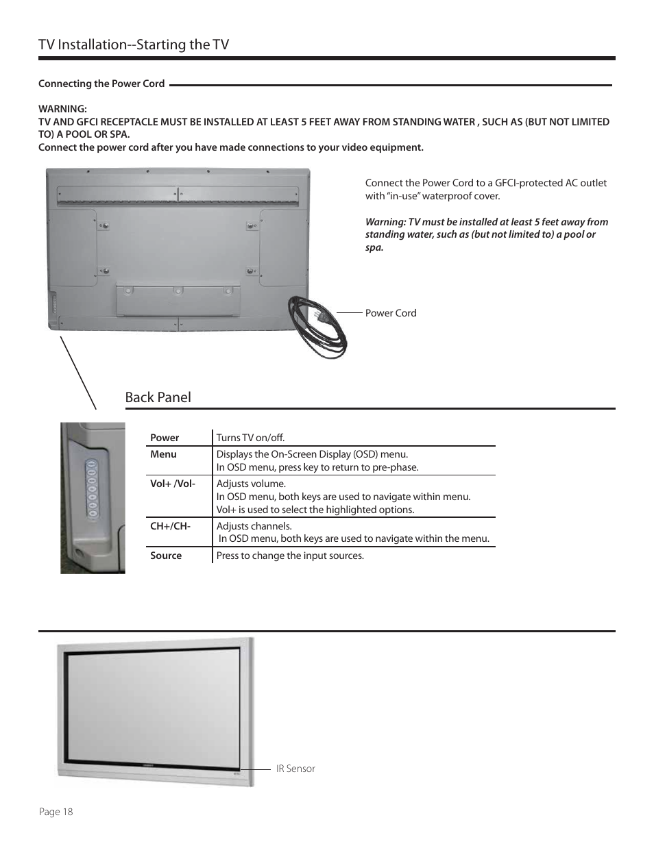 Tv installation--starting the tv, Back panel | SunBriteTV 4660HD User Manual | Page 18 / 36