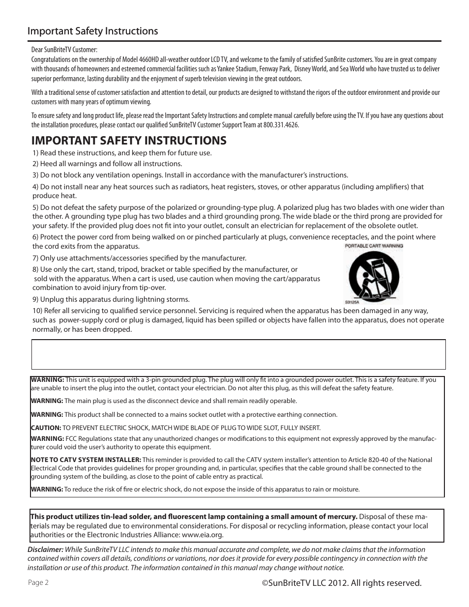 Important safety instructions | SunBriteTV 4660HD User Manual | Page 2 / 36