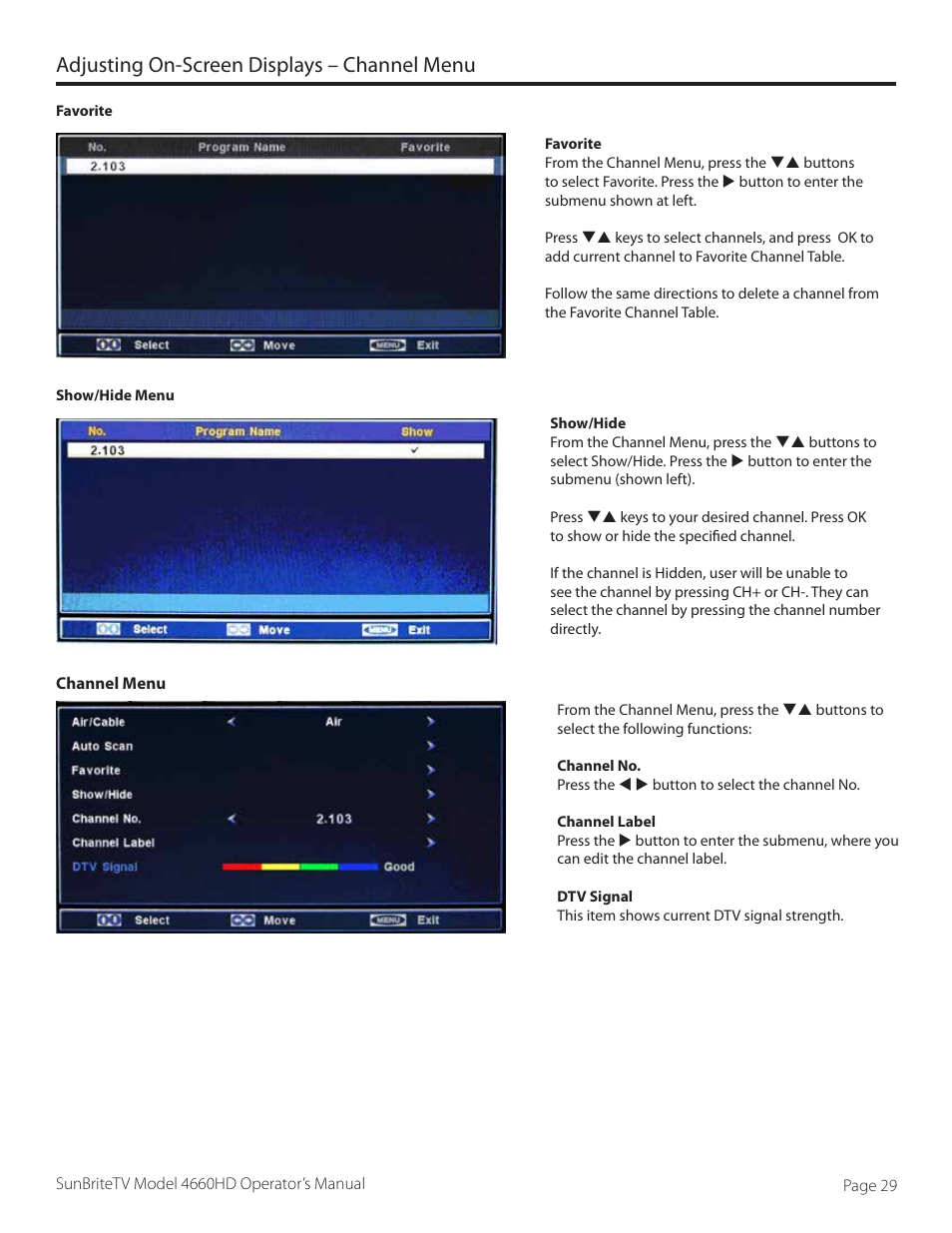 Adjusting on-screen displays – channel menu | SunBriteTV 4660HD User Manual | Page 29 / 36