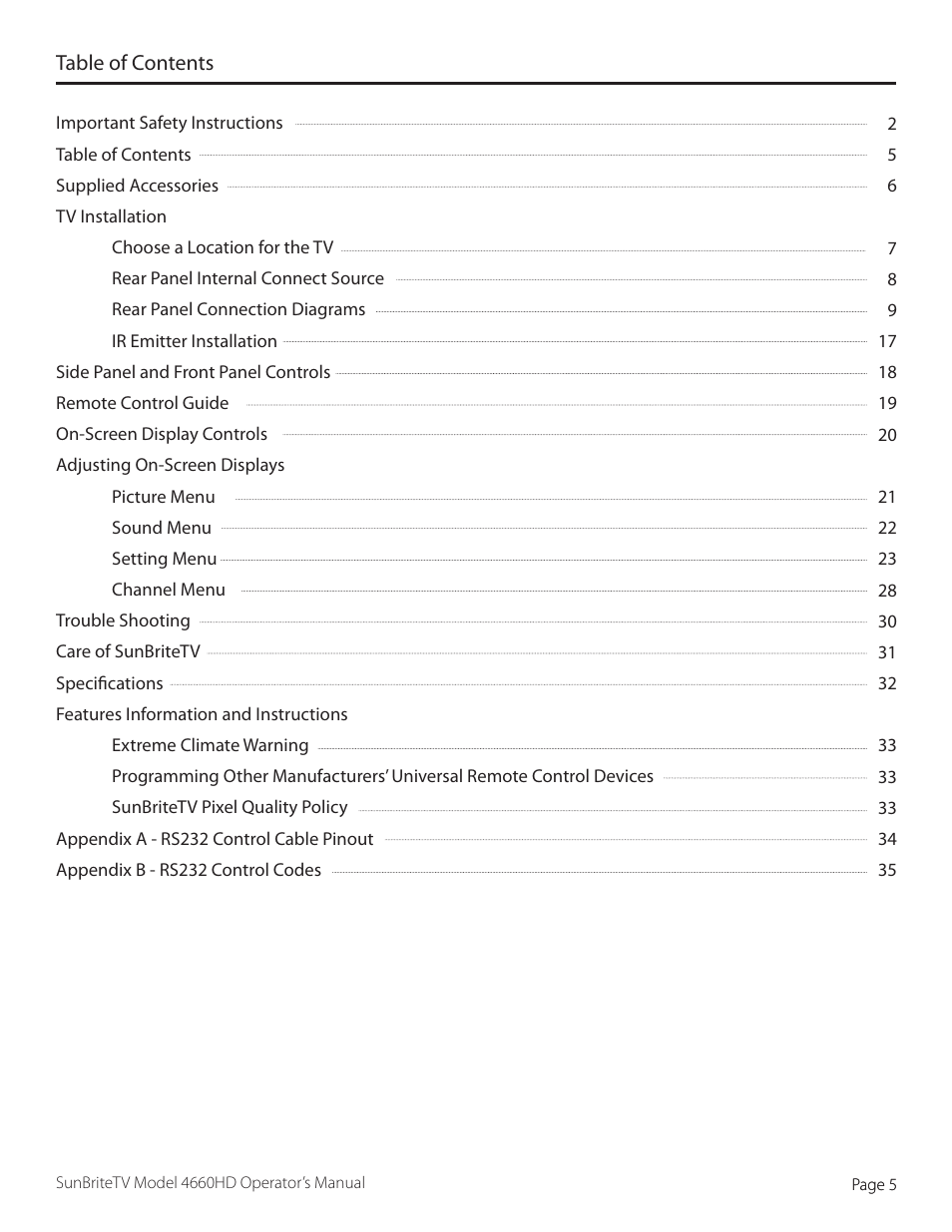 SunBriteTV 4660HD User Manual | Page 5 / 36