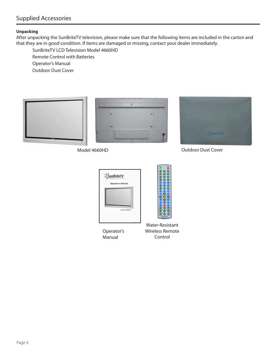 Supplied accessories | SunBriteTV 4660HD User Manual | Page 6 / 36