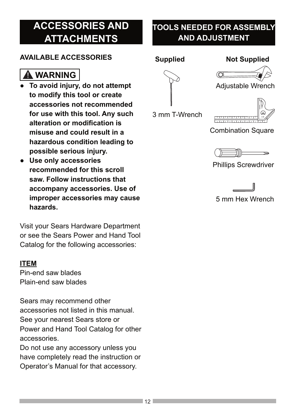 Accessories and attachments, Warning | Craftsman 137.21602 User Manual | Page 12 / 36