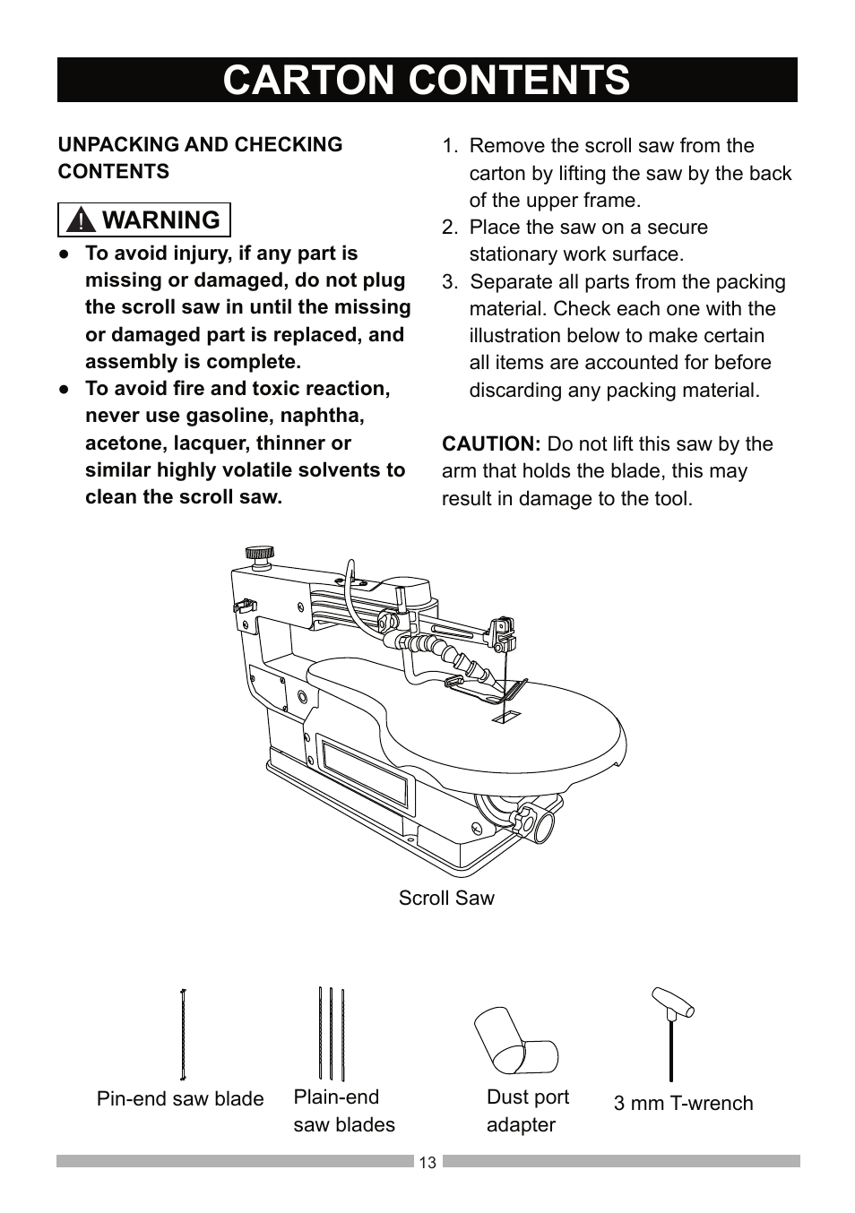 Carton contents, Warning | Craftsman 137.21602 User Manual | Page 13 / 36