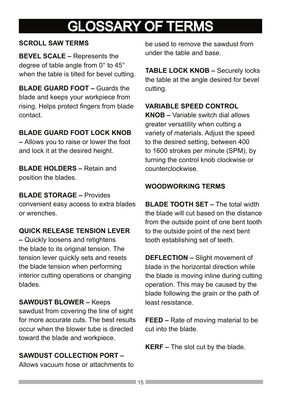 Glossary of terms | Craftsman 137.21602 User Manual | Page 15 / 36