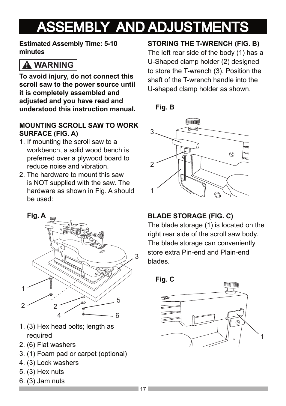 Assembly and adjustments, Warning | Craftsman 137.21602 User Manual | Page 17 / 36