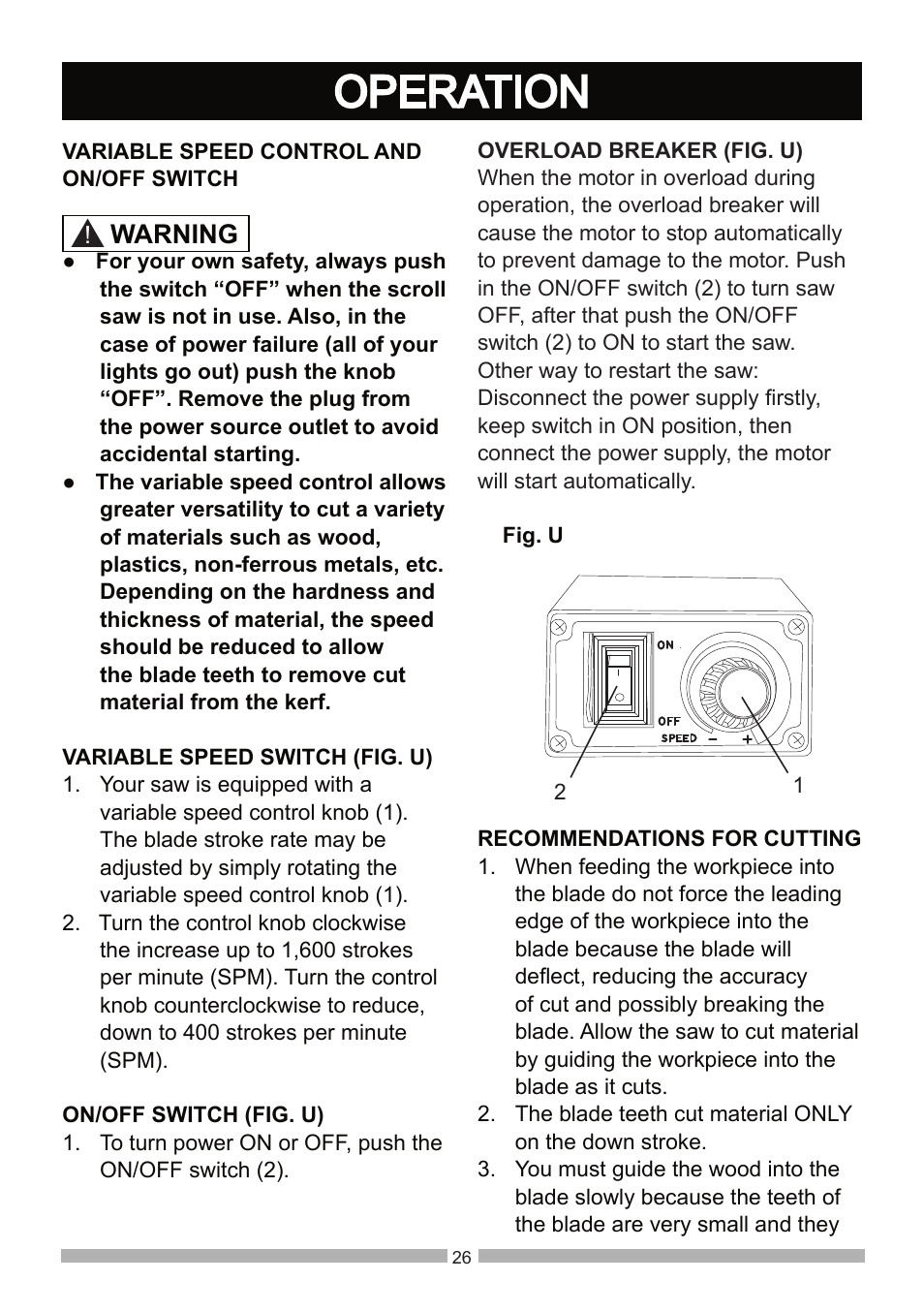 Operation, Warning | Craftsman 137.21602 User Manual | Page 26 / 36