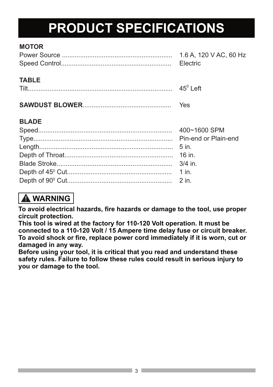 Product specifications, Warning | Craftsman 137.21602 User Manual | Page 3 / 36