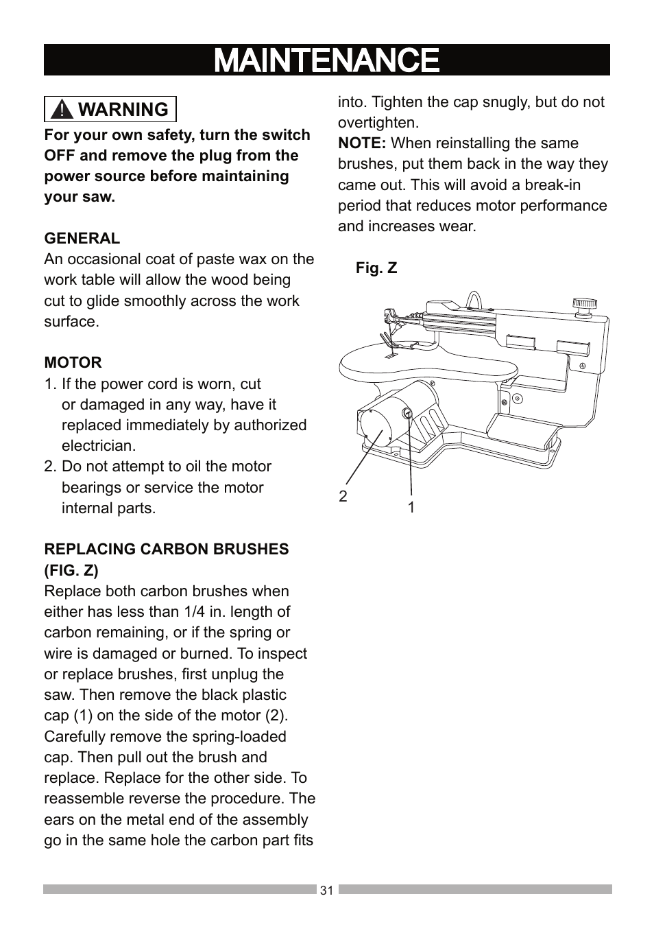 Maintenance, Warning | Craftsman 137.21602 User Manual | Page 31 / 36